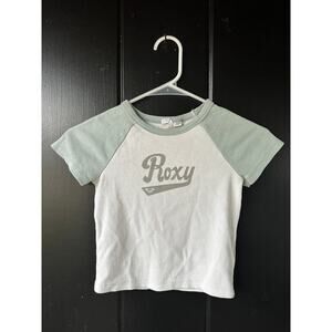 Roxy Raglan Baby Tee Women’s Medium Green White Ribbed Surf Graphic Top